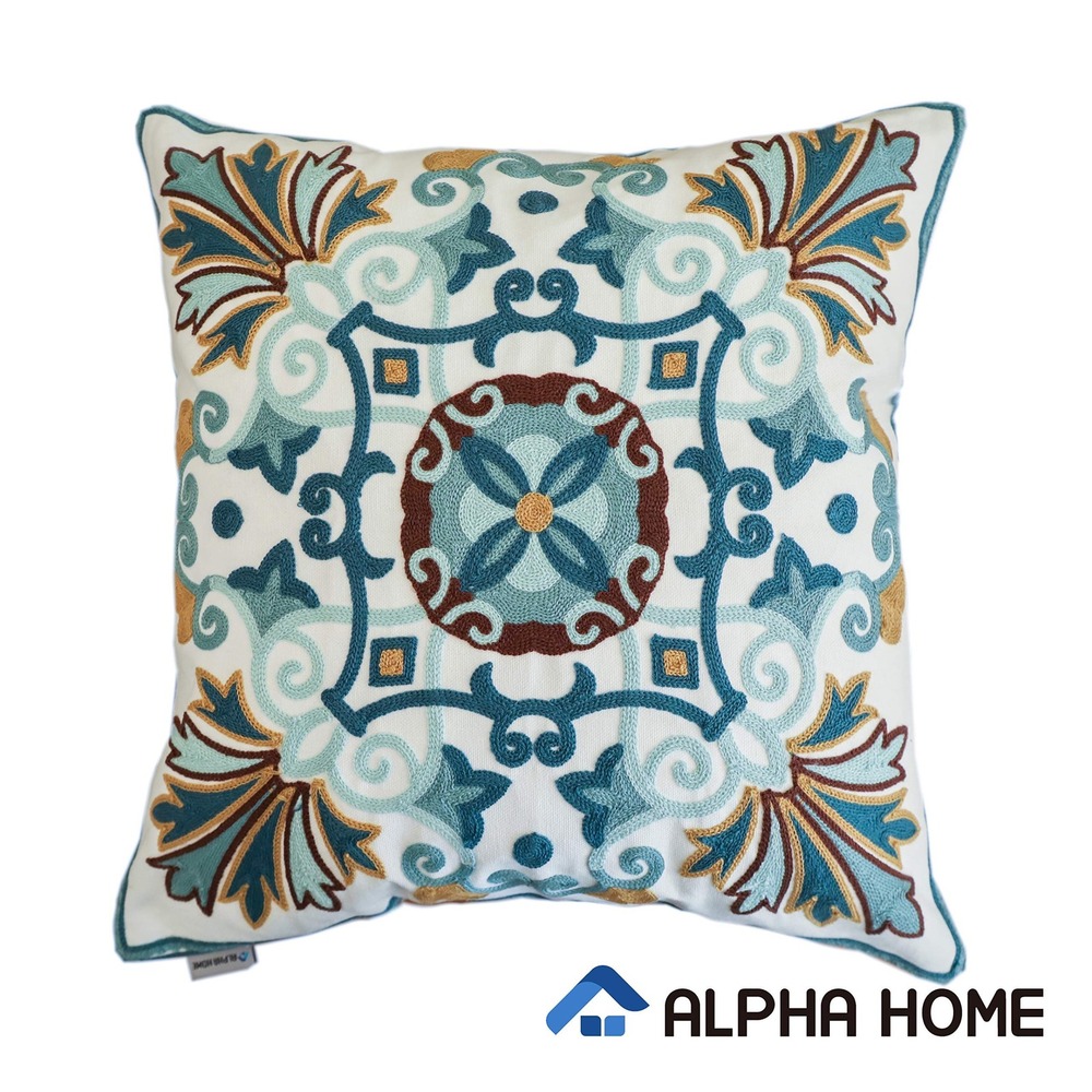 Alpha Home Embroidered Damask Medallion Throw Pillow Cover Teal Ochre Blue White